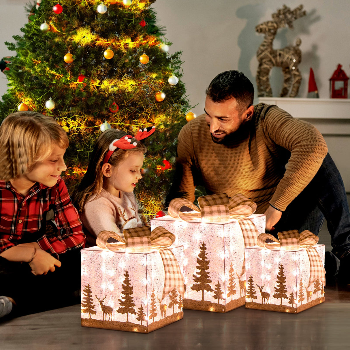 Juego de 3 cajas de regalo navideñas iluminadas con 100 luces blancas cálidas