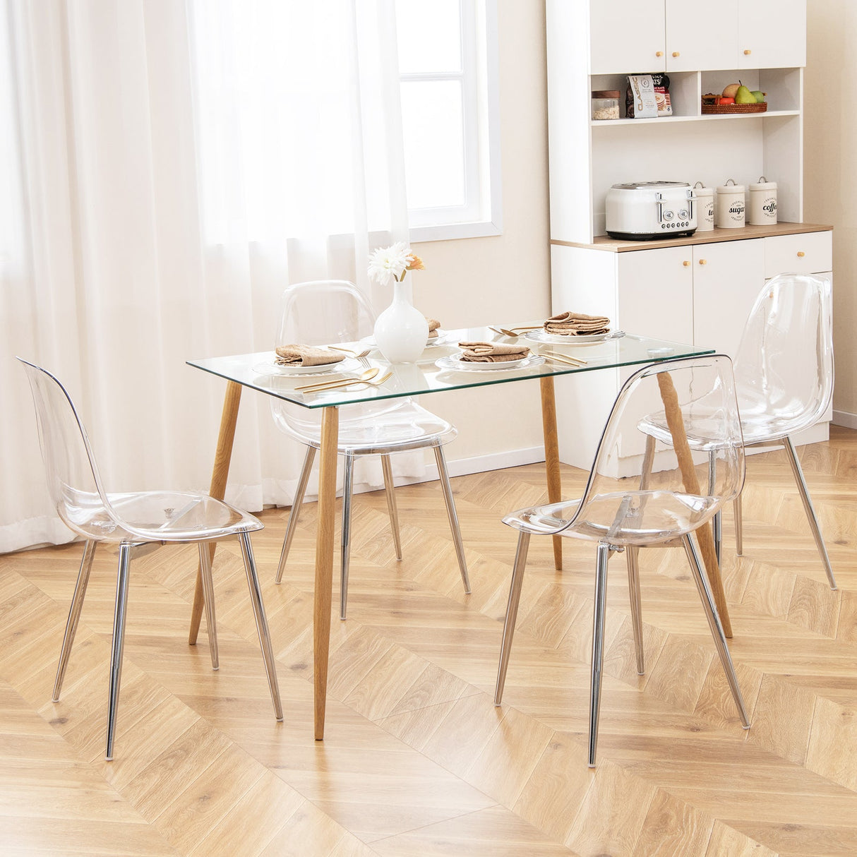 Juego de 4 sillas de comedor modernas de plástico con asiento transparente y patas de madera - Plateado