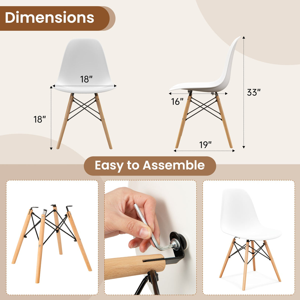 Juego de 4 sillas de comedor modernas sin brazos con patas de madera