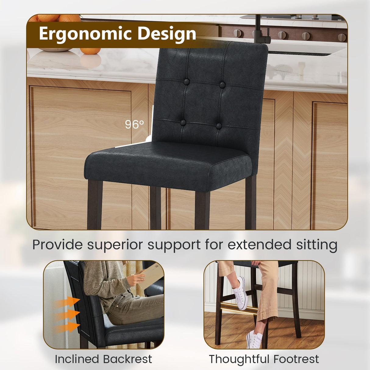 Set of 4 PVC Dining Leather Bar Stools with Solid Wood Legs