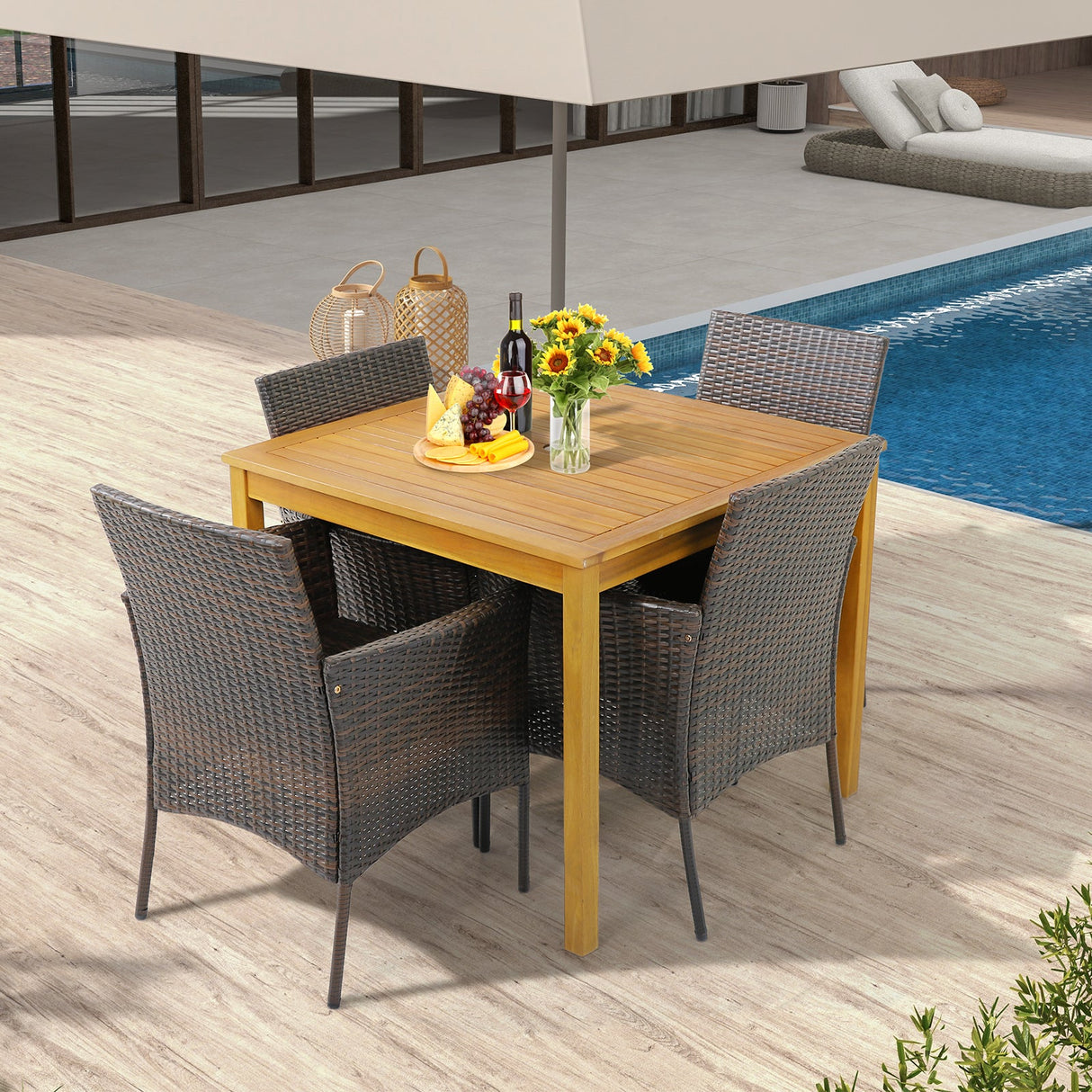 Juego de 4 sillas de comedor de mimbre PE para patio con cojines de asiento y reposabrazos - Juego de 4