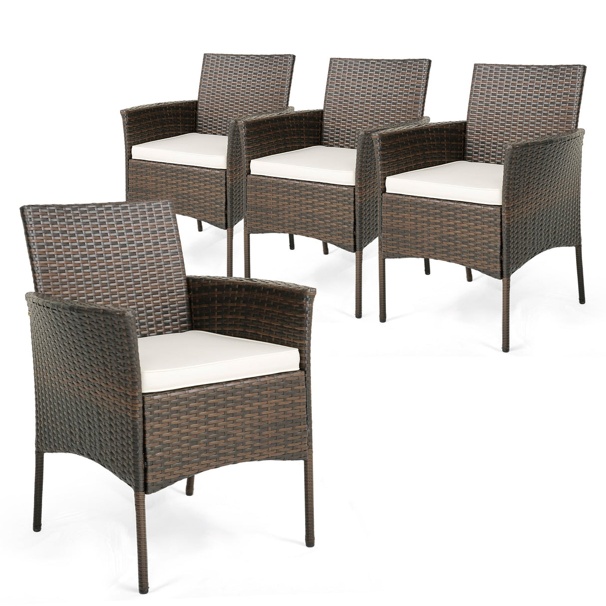 Juego de 4 sillas de comedor de mimbre PE para patio con cojines de asiento y reposabrazos - Juego de 4