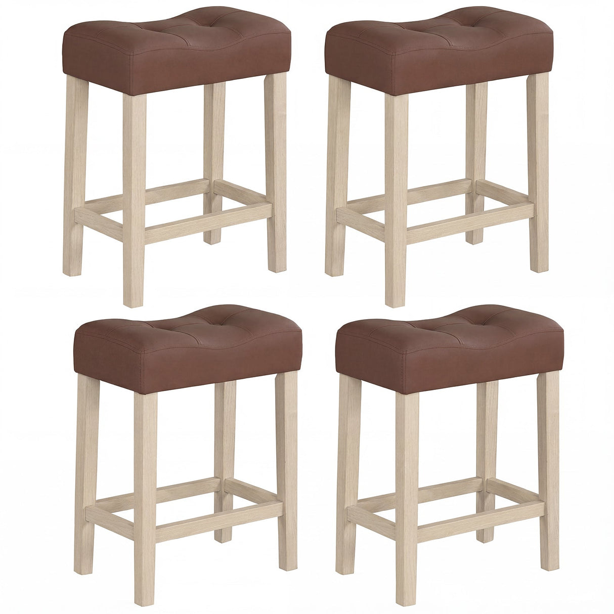 Juego de 4 taburetes tapizados de altura de encimera con asiento de silla de montar curvo