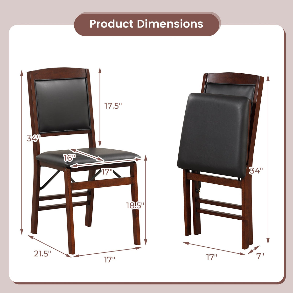 Juego de 2 sillas de comedor plegables con asiento acolchado y respaldo alto - Marrón