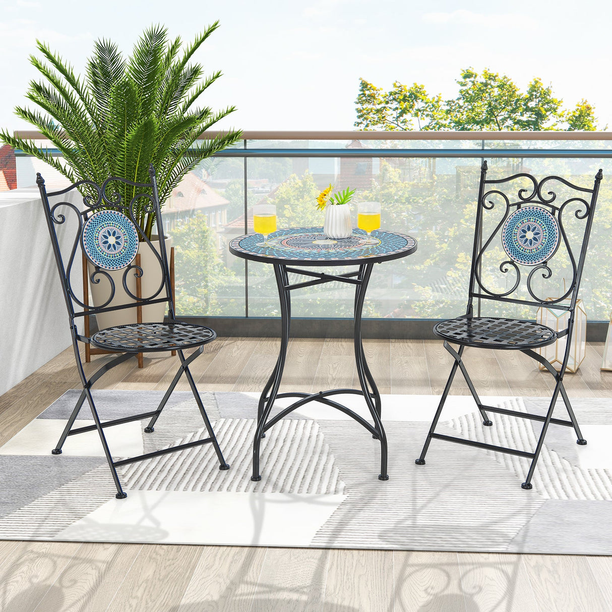 Juego de 2 sillas plegables de metal para patio con diseño de mosaico