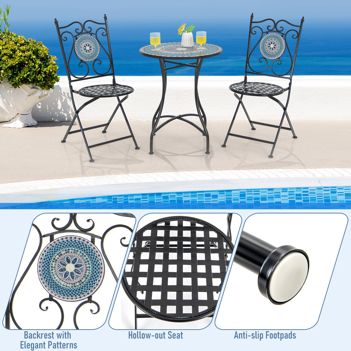 Juego de 2 sillas plegables de metal para patio con diseño de mosaico