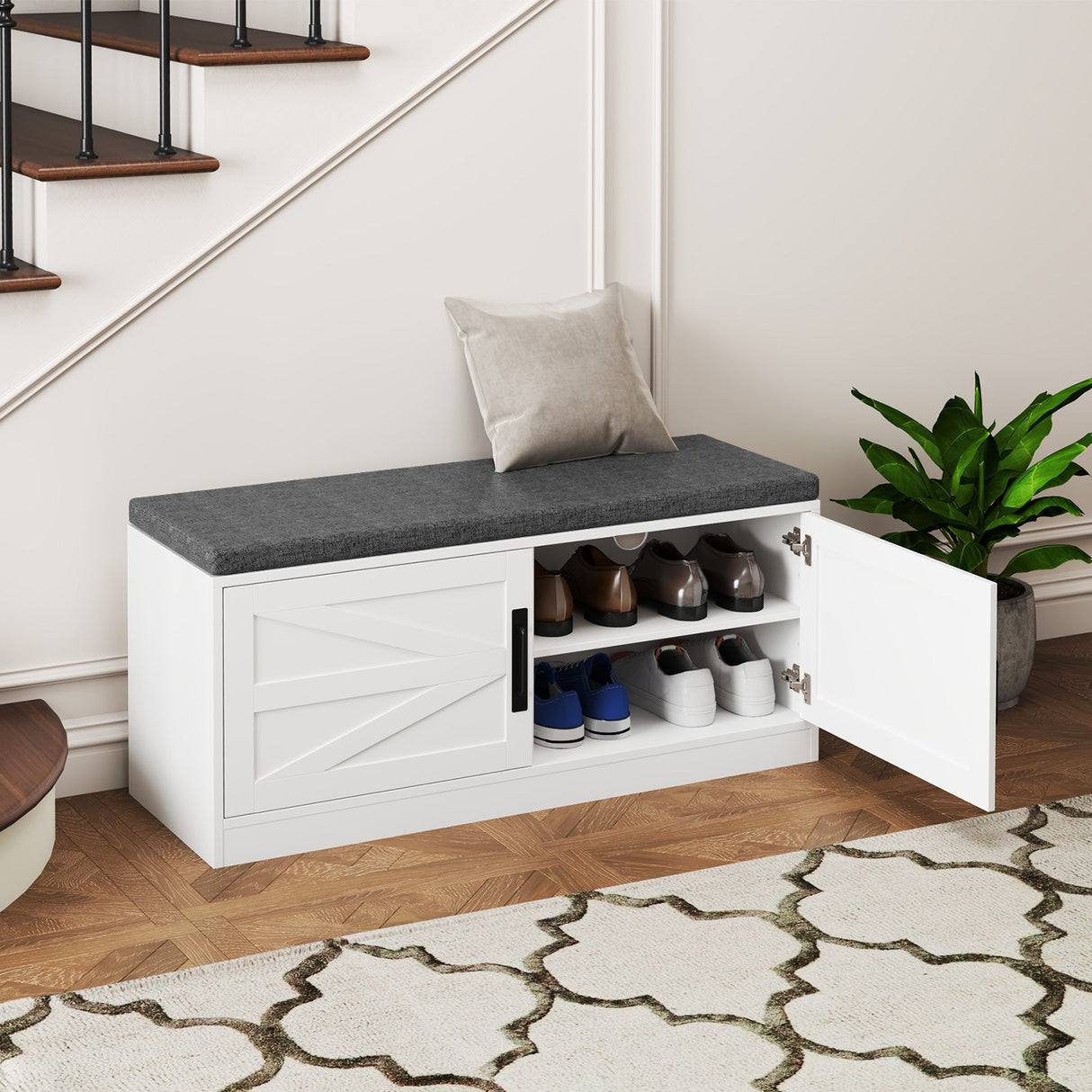 Shoe Bench with Cushion Farmhouse Shoe Rack Organizer with 2 Barn Doors-White