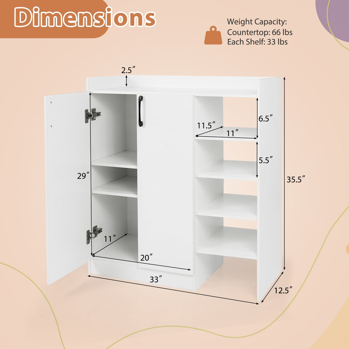 Zapatero con 2 puertas, organizador de almacenamiento de zapatos con 2 estantes interiores ajustables - Blanco