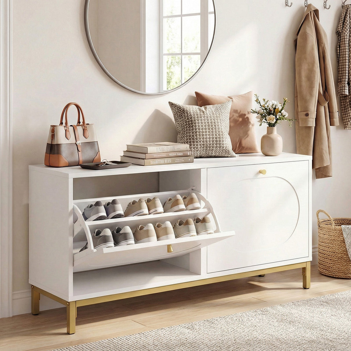 Shoe Storage Bench Narrow Entryway Bench with 2 Flip Drawers Adjustable Shelves-White