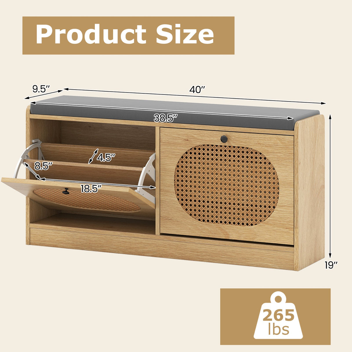 Shoe Storage Bench with Cushion Entryway Rattan Shoe Bench-Natural