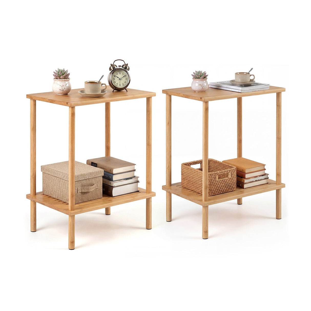 Juego de 2 mesas auxiliares de bambú de 2 niveles con estantes de almacenamiento, mesa de centro/sofá rectangular - Natural