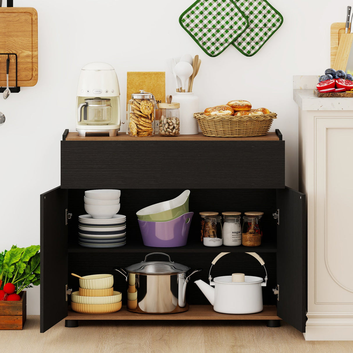 Aparador Auxiliar de Buffet con Almacenamiento, Mueble de Cocina de Madera - Negro