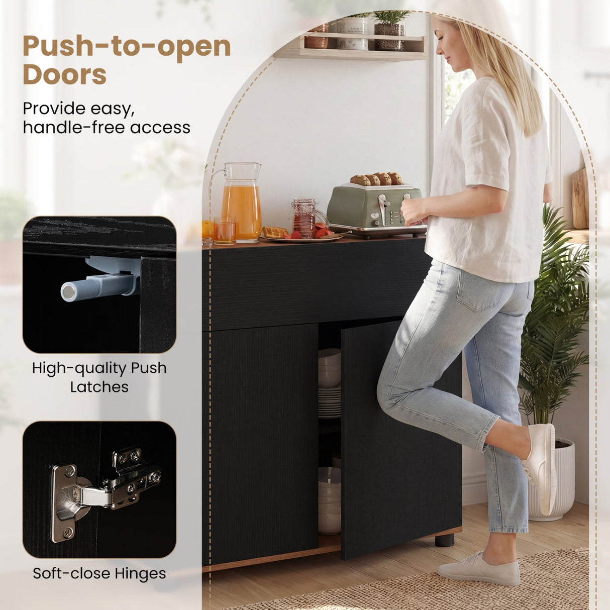 Aparador Auxiliar de Buffet con Almacenamiento, Mueble de Cocina de Madera - Negro