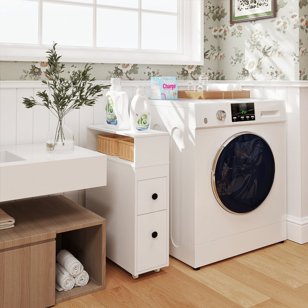 Mueble de baño estrecho de madera para inodoro con cajones extraíbles profundos