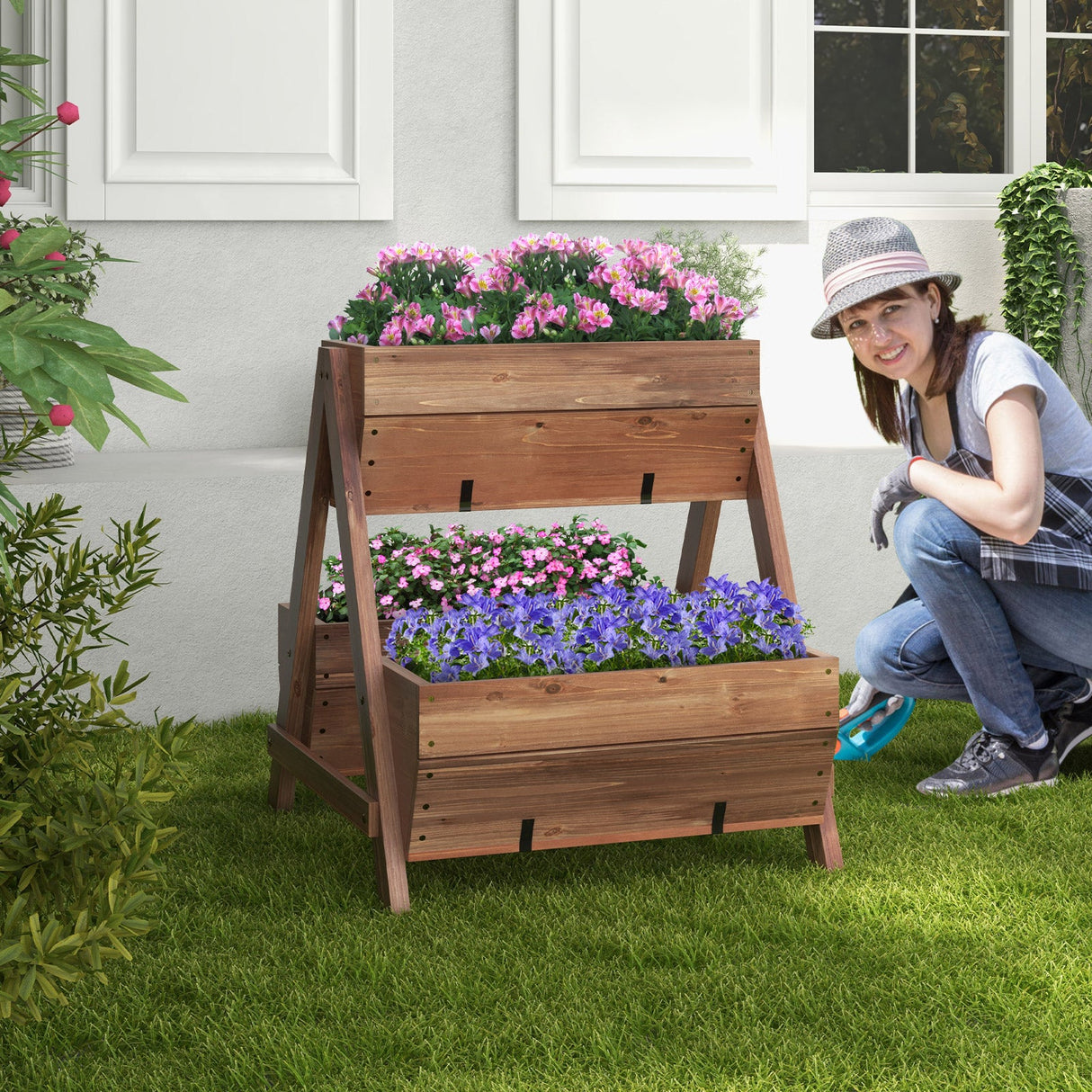 Huerto vertical elevado con 3 jardineras de madera