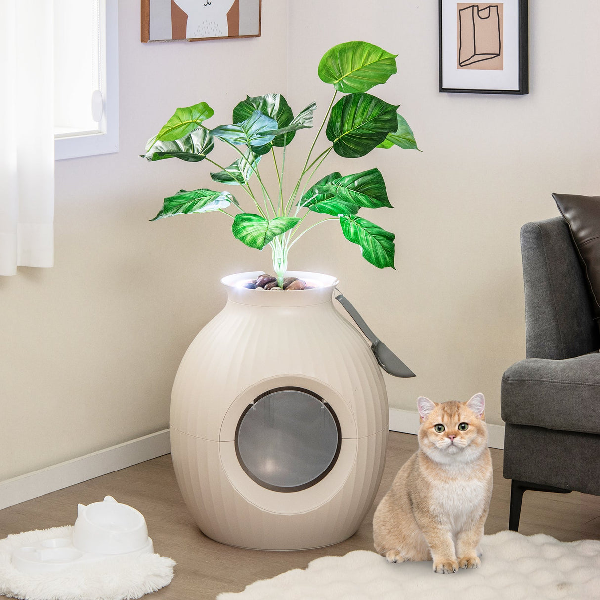 Arenero inteligente para gatos con eliminación de olores electrónica y esterilización-Beige