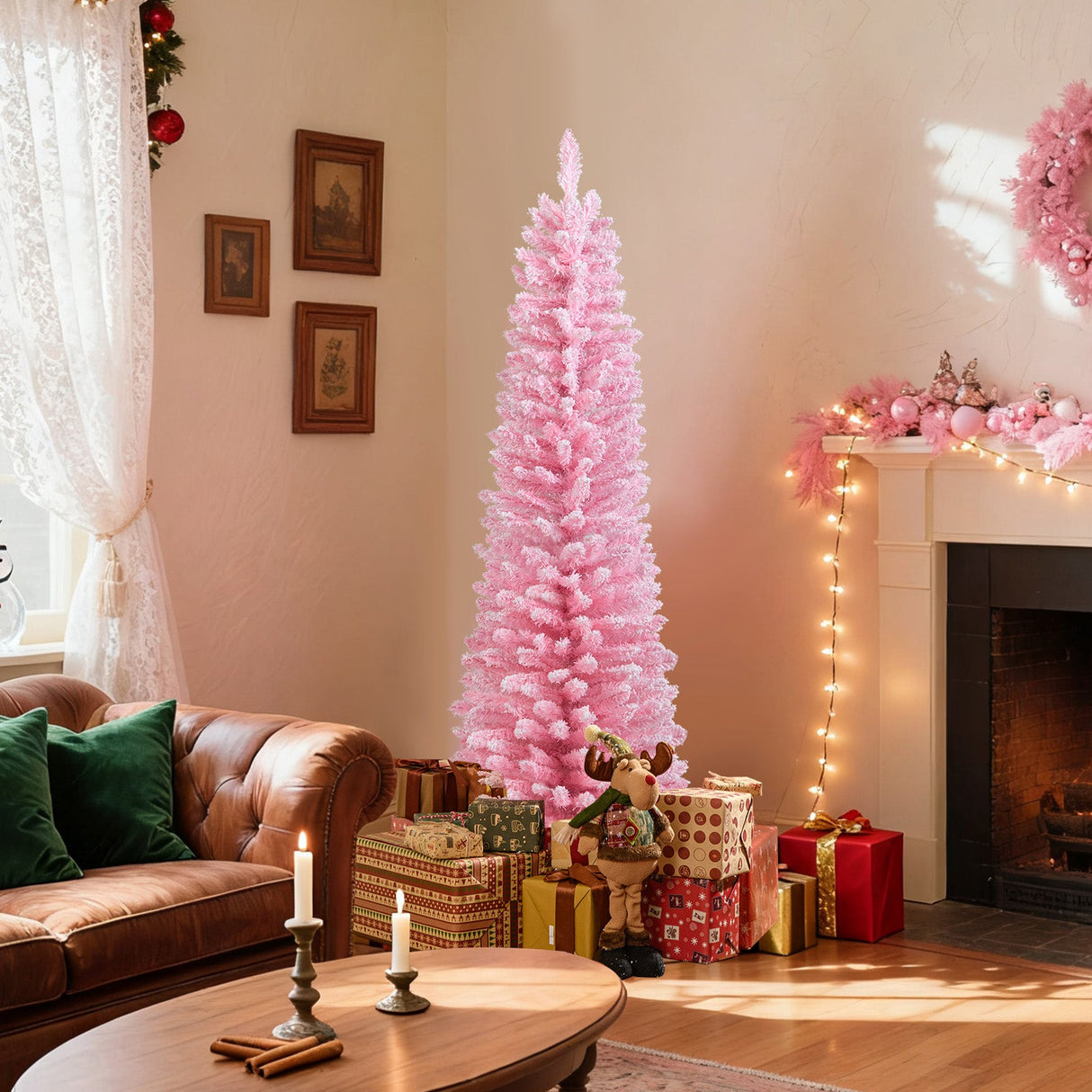 Árbol de Navidad artificial rosa de 2.13 m, nevado, con 635 puntas de rama