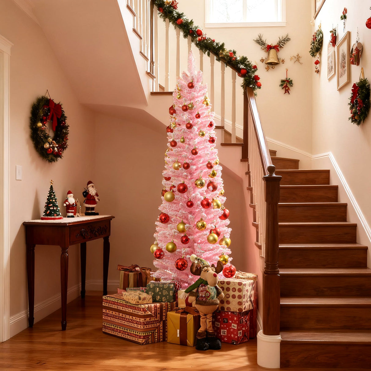 Árbol de Navidad artificial rosa de 2.13 m, nevado, con 635 puntas de rama
