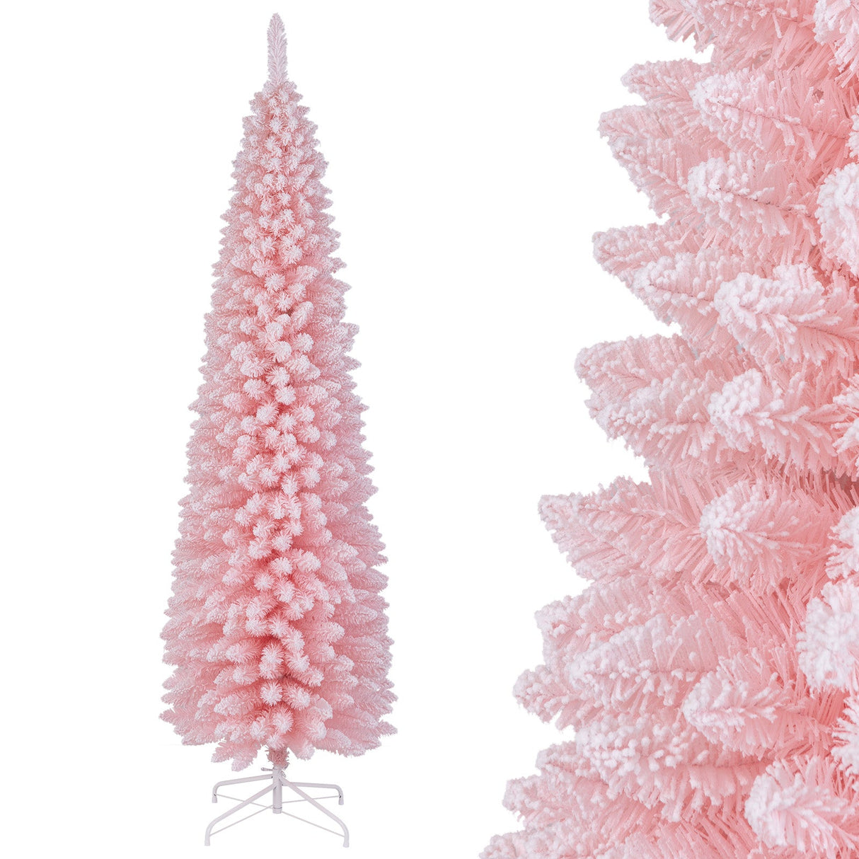 Árbol de Navidad artificial rosa de 2.13 m, nevado, con 635 puntas de rama