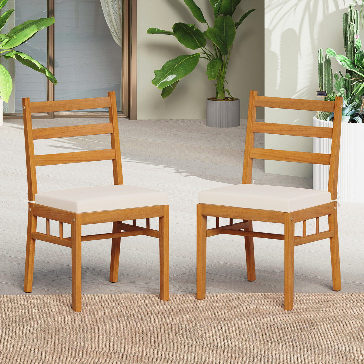 Juego de 2 sillas de patio sin brazos de madera maciza de acacia - Blanco