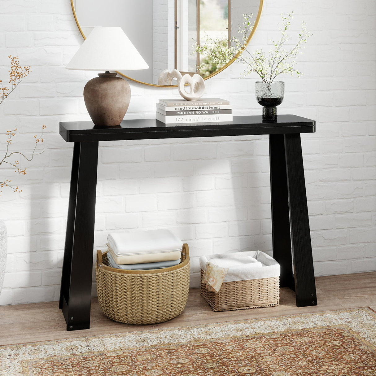 Solid Rubber Wood Console Table 43inch Narrow Entryway Table with Thick Tabletop and Stable Base