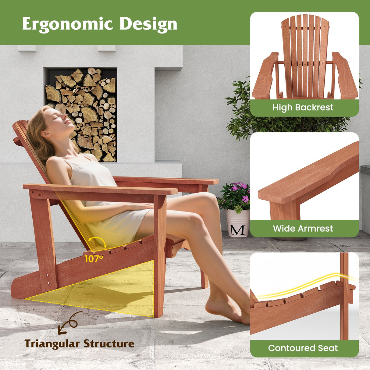 Sillón Adirondack de Madera Maciza con Respaldo Alto y Apoyabrazos Anchos