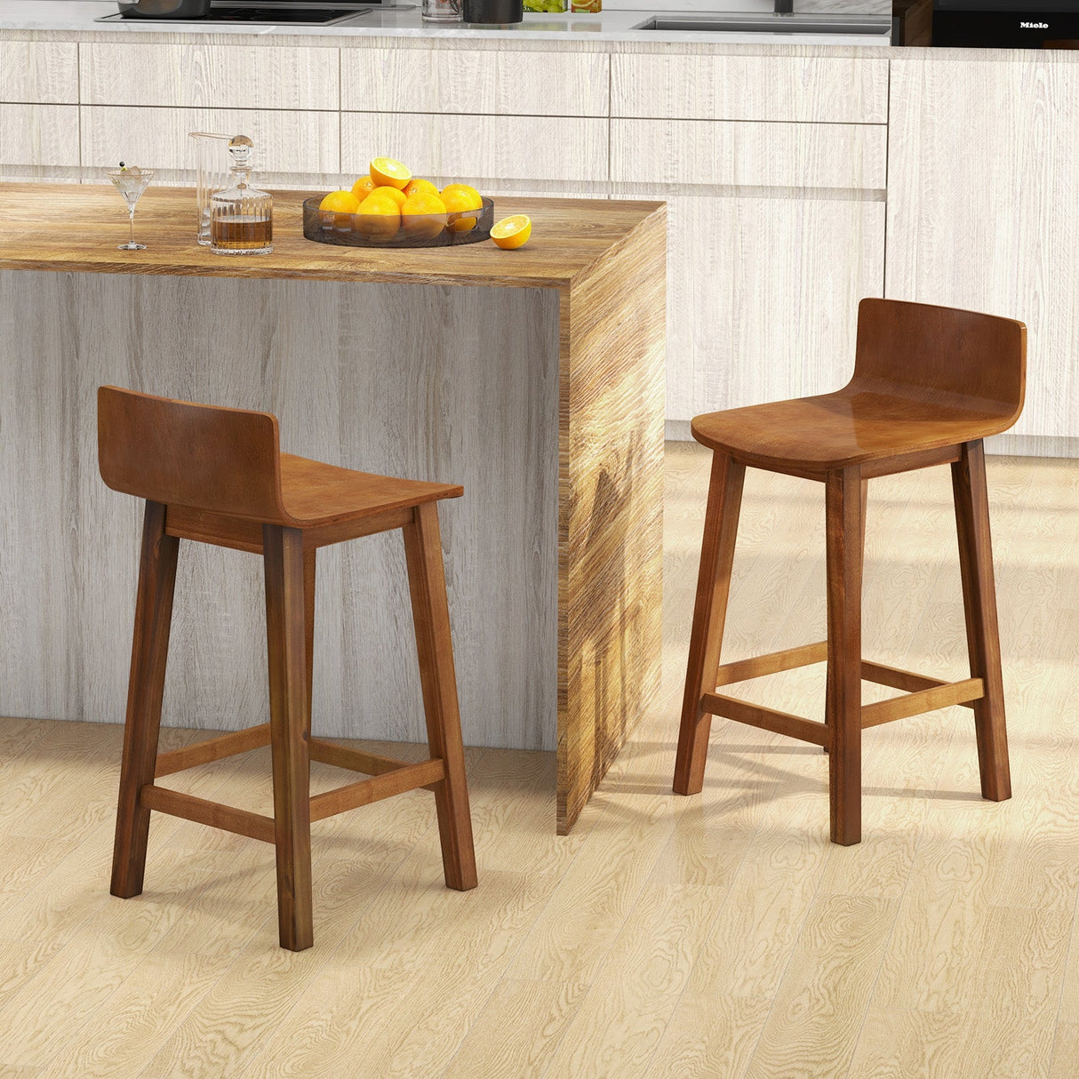 Juego de 2 taburetes de bar de madera con respaldo y asiento sólidos