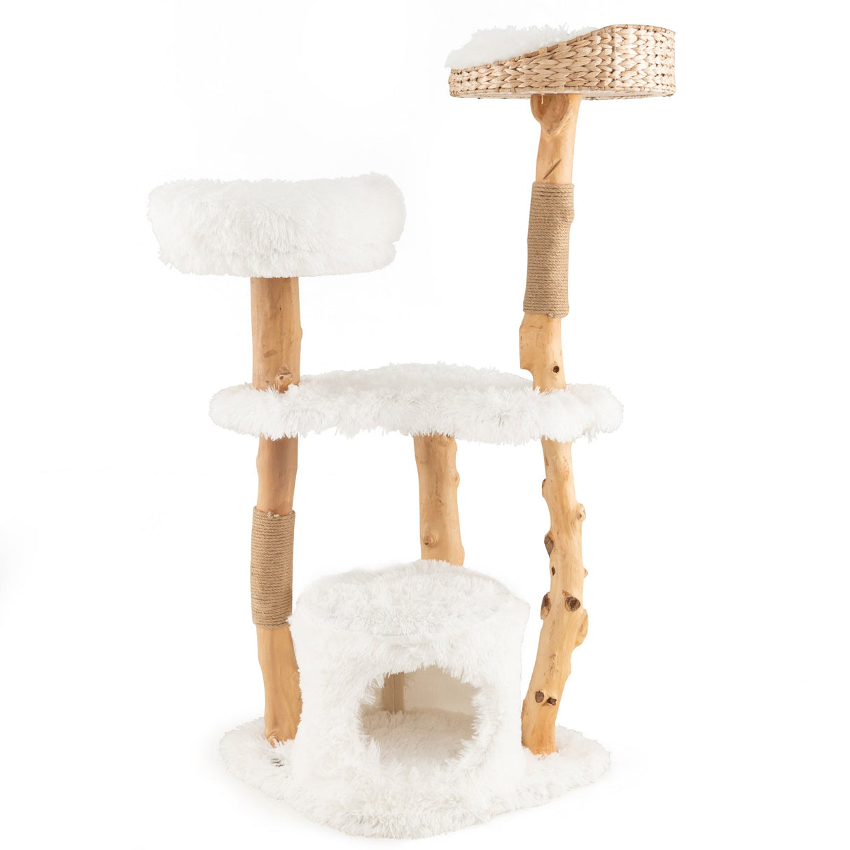 Torre para Gatos de Madera Maciza con Cesta Superior de Esparto para Cama de Gato