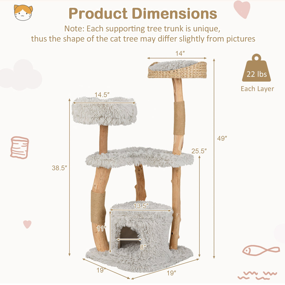 Torre para Gatos de Madera Maciza con Cesta Superior de Esparto para Cama de Gato
