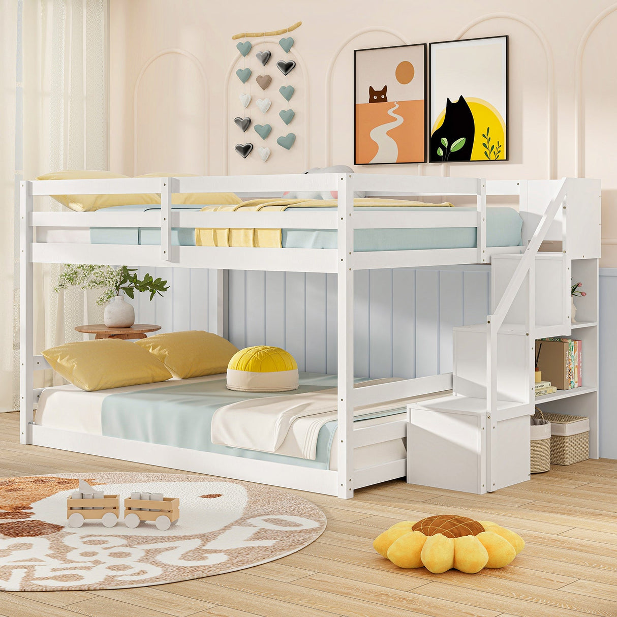 Litera baja de madera maciza completa sobre completa con escaleras de almacenamiento