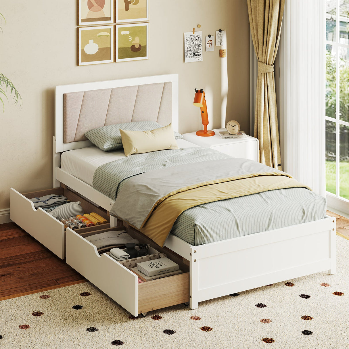 Estructura de cama de madera maciza con 2 cajones y cabecero tapizado - Tamaño doble