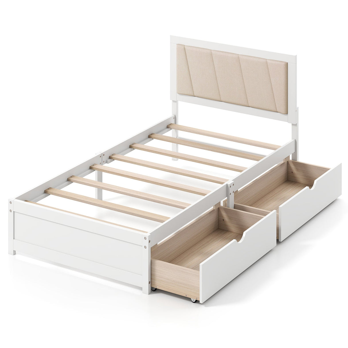 Estructura de cama de madera maciza con 2 cajones y cabecero tapizado - Tamaño doble