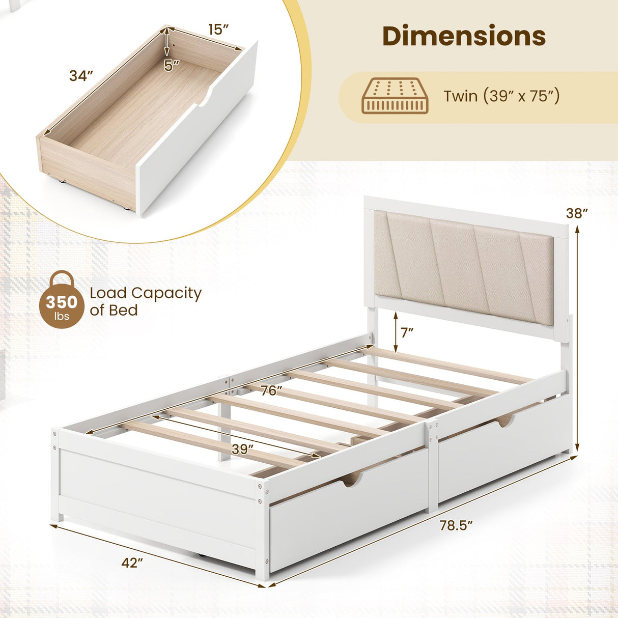 Estructura de cama de madera maciza con 2 cajones y cabecero tapizado - Tamaño doble