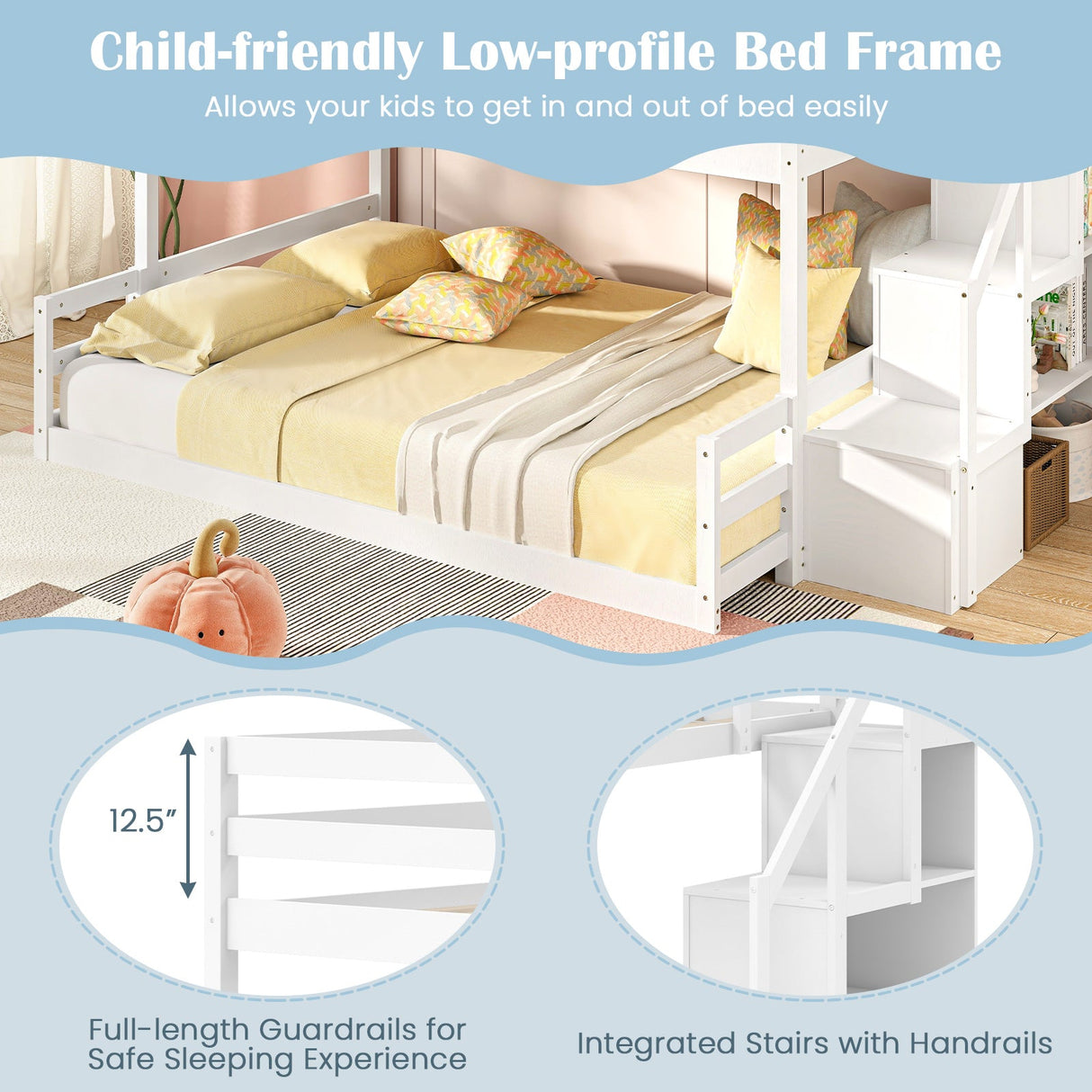 Solid Wood Twin Over Full Low Bunk Bed with Storage Stairs