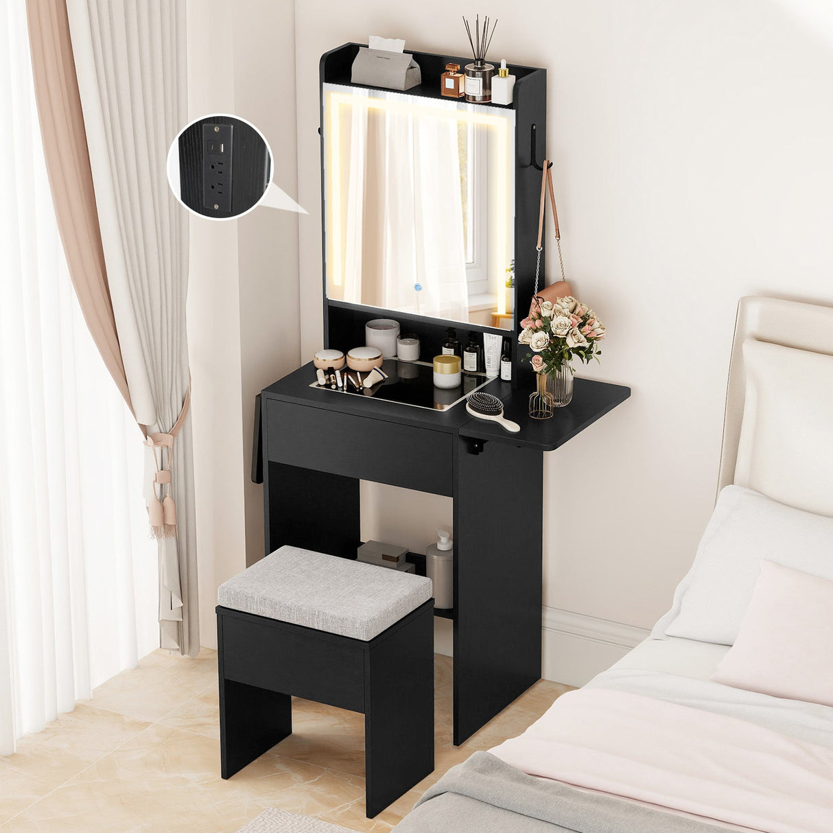 Tocador con espejo y luces que ahorra espacio para el dormitorio
