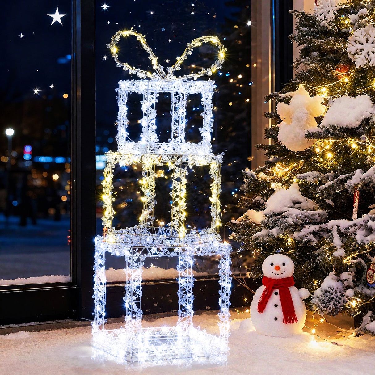 Juego de cajas de regalo apiladas iluminadas con 3 luces de cajas de regalo de Navidad preiluminadas