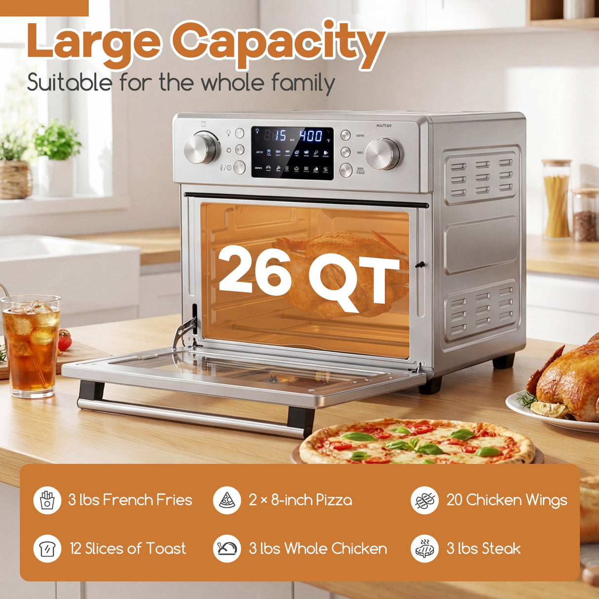Horno de encimera de convección de acero inoxidable con función para hornear - Plateado