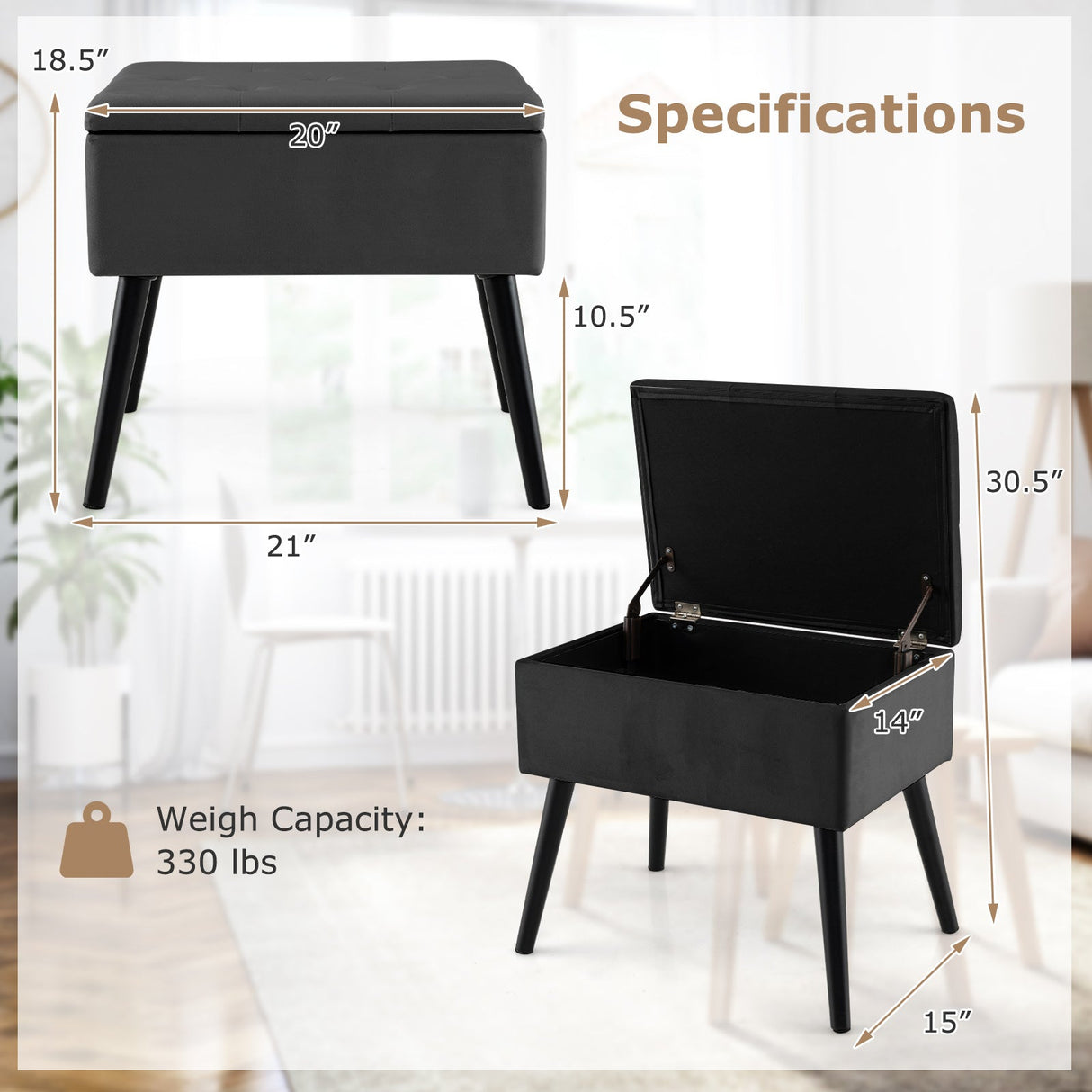 Otomana de almacenamiento de terciopelo con patas de madera maciza para sala de estar o dormitorio