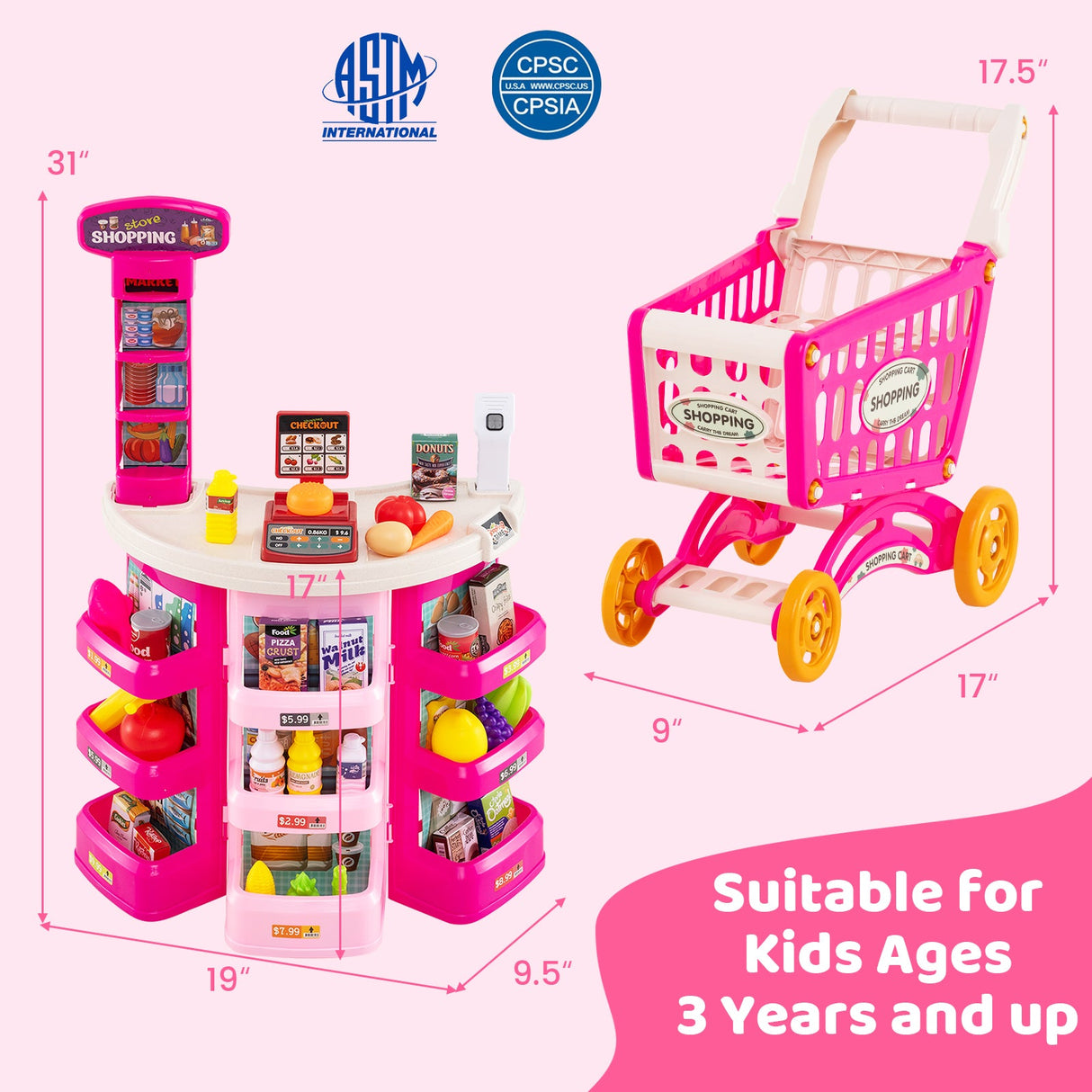 Supermercado de Juguete para Niños, 76 Piezas, Juego de Tienda de Comestibles de Imitación con Carrito de Compras
