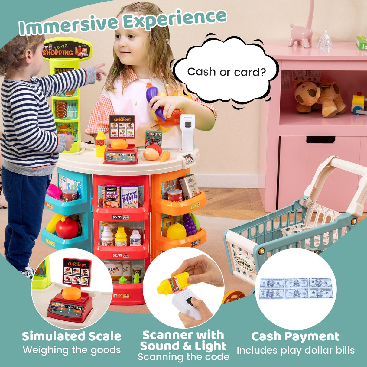 Supermercado de Juguete para Niños, 76 Piezas, Juego de Tienda de Comestibles de Imitación con Carrito de Compras
