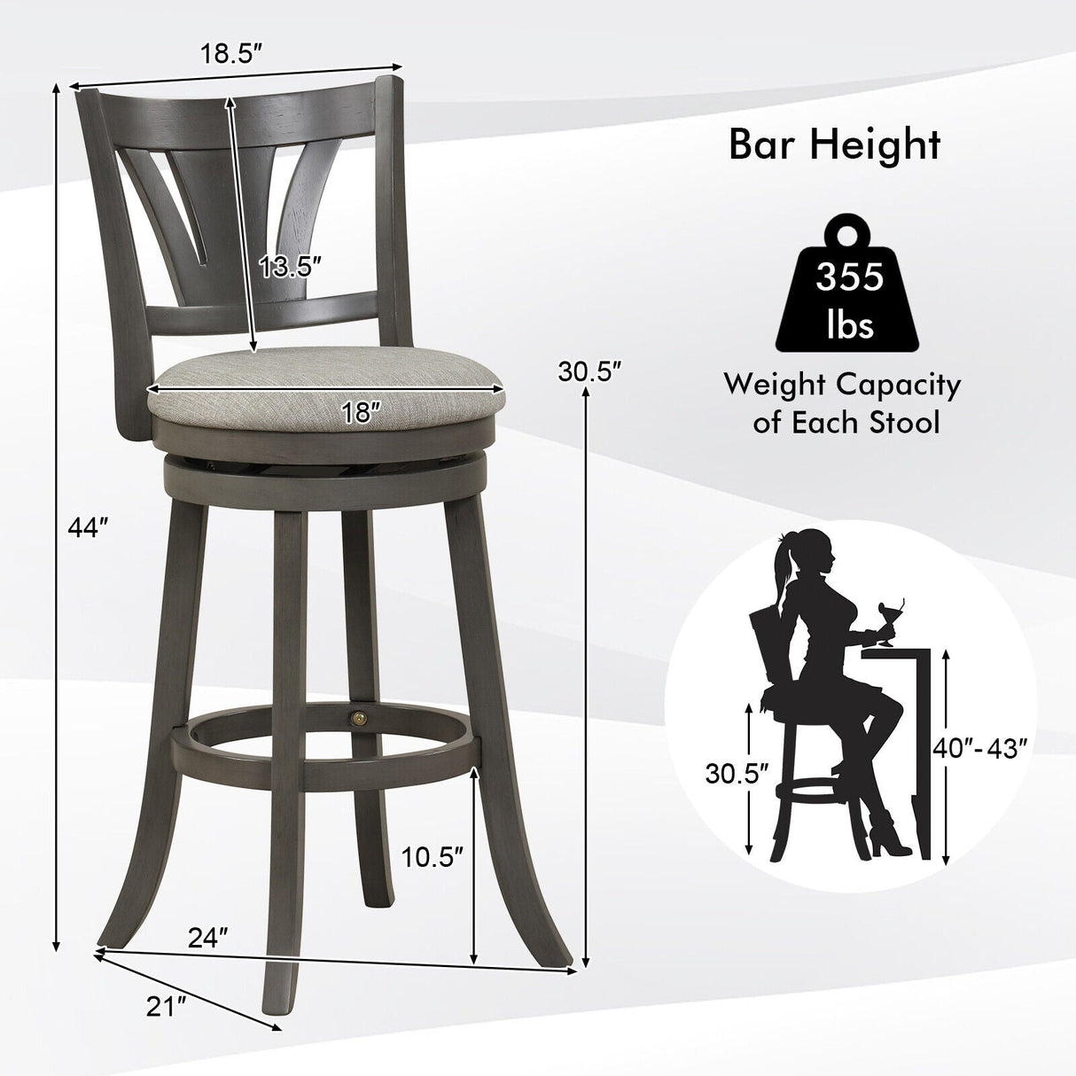 Taburete de bar giratorio de 26.5 pulgadas con respaldo, asiento acolchado suave y reposapiés gris