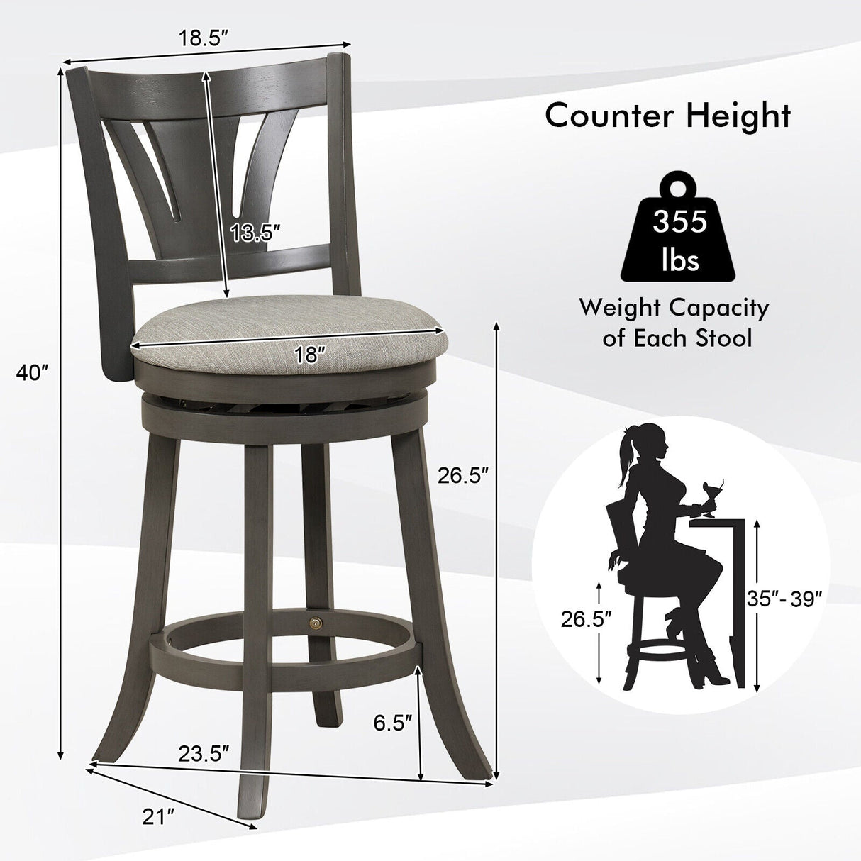 Taburete de bar giratorio de 26.5 pulgadas con respaldo, asiento acolchado suave y reposapiés gris