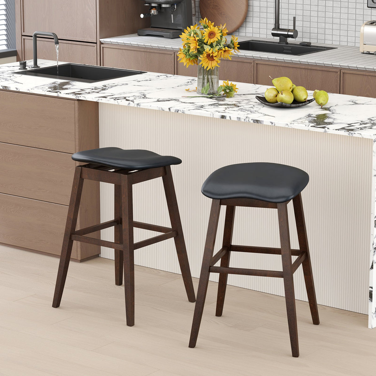 Juego de 2 taburetes giratorios para bar con asiento contorneado acolchado y reposapiés - Negro y marrón