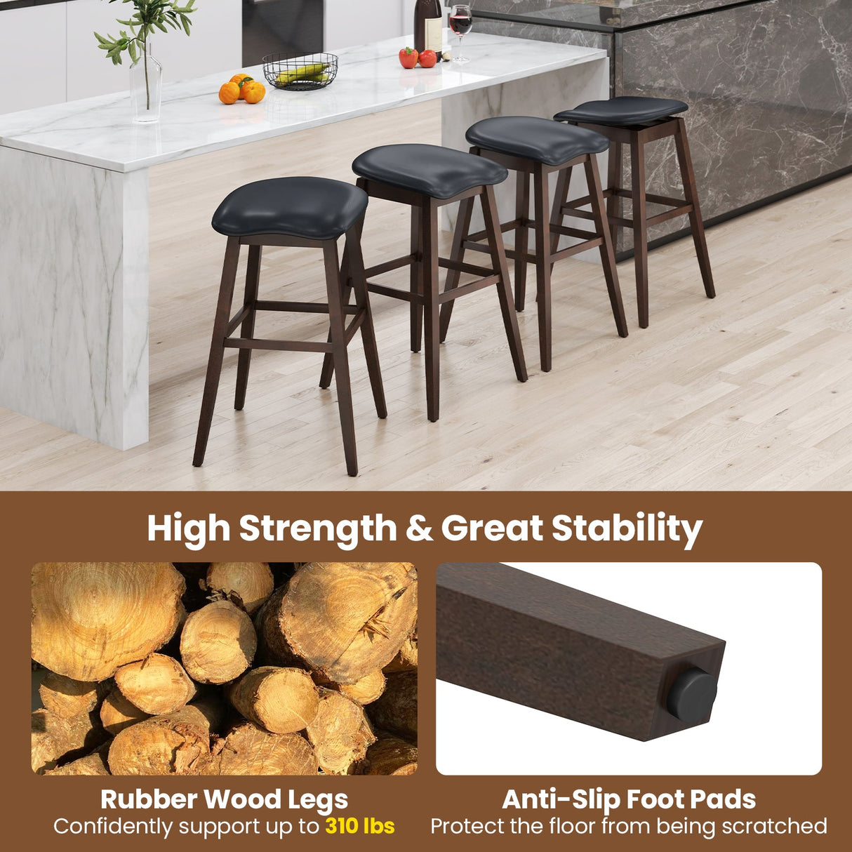 Juego de 2 taburetes giratorios para bar con asiento contorneado acolchado y reposapiés - Negro y marrón