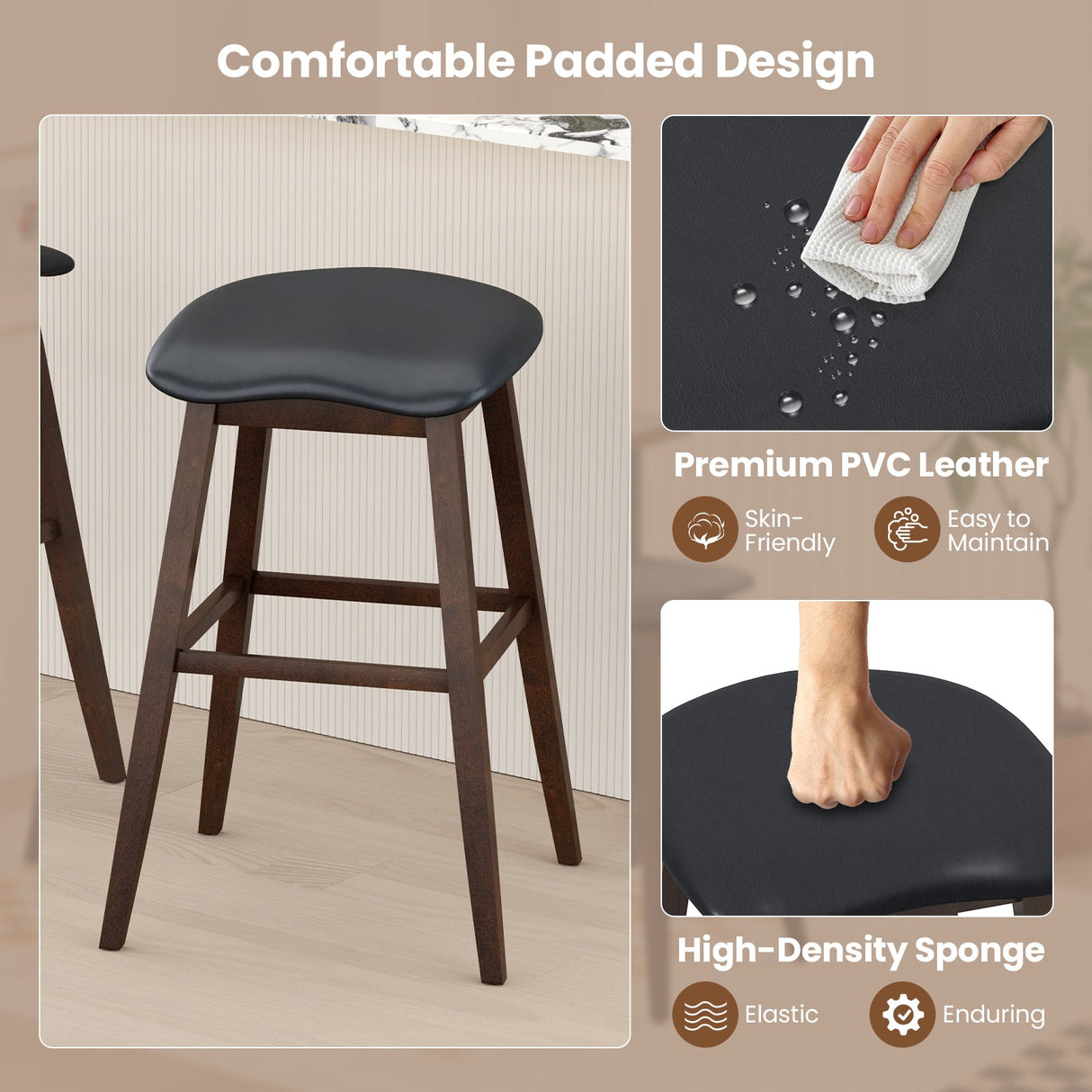 Juego de 2 taburetes giratorios para bar con asiento contorneado acolchado y reposapiés - Negro y marrón