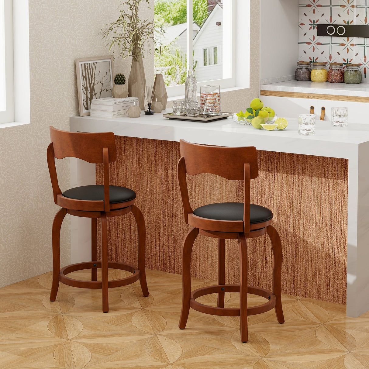 Juego de 2 taburetes de bar giratorios con estructura de madera de caucho y asiento tapizado