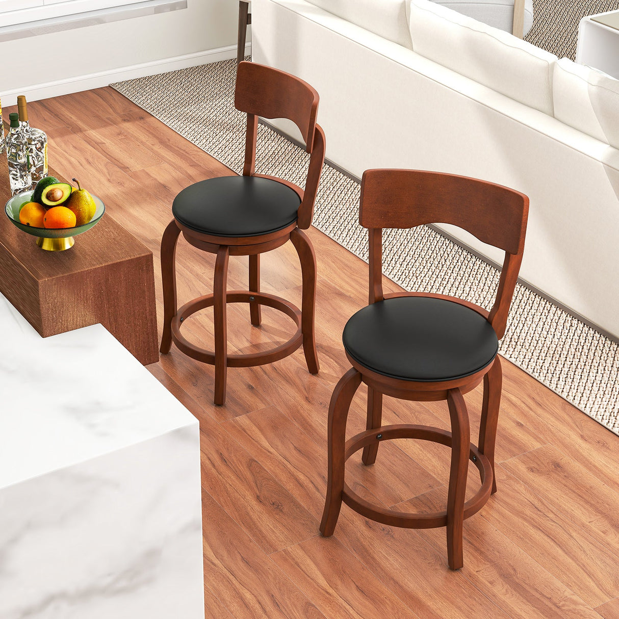 Juego de 2 taburetes de bar giratorios con estructura de madera de caucho y asiento tapizado