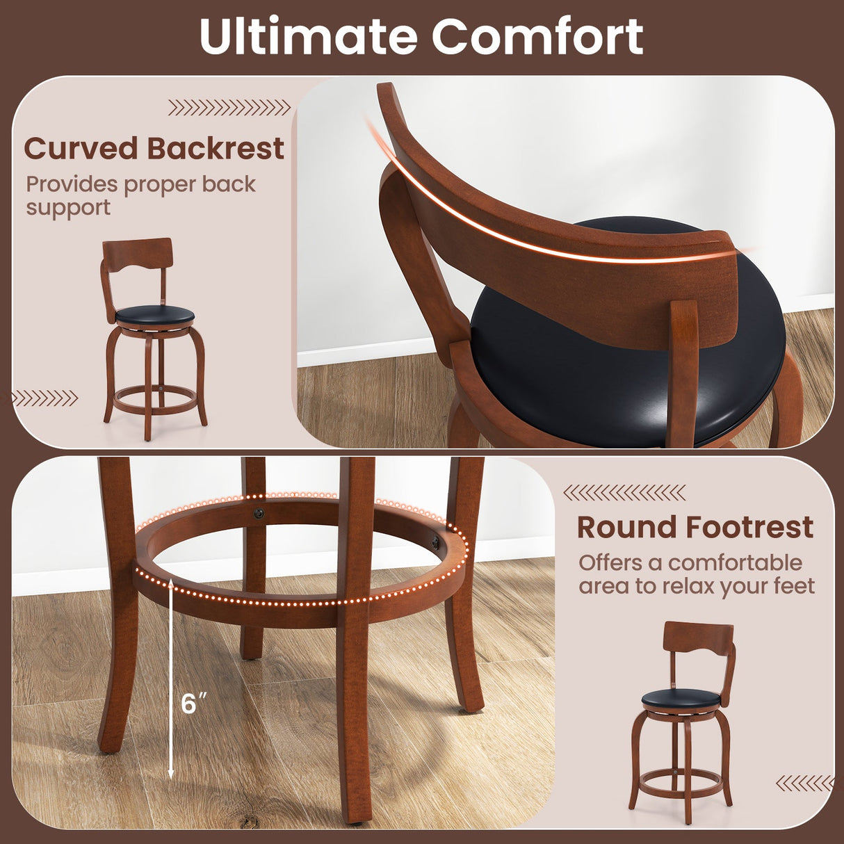 Juego de 2 taburetes de bar giratorios con estructura de madera de caucho y asiento tapizado