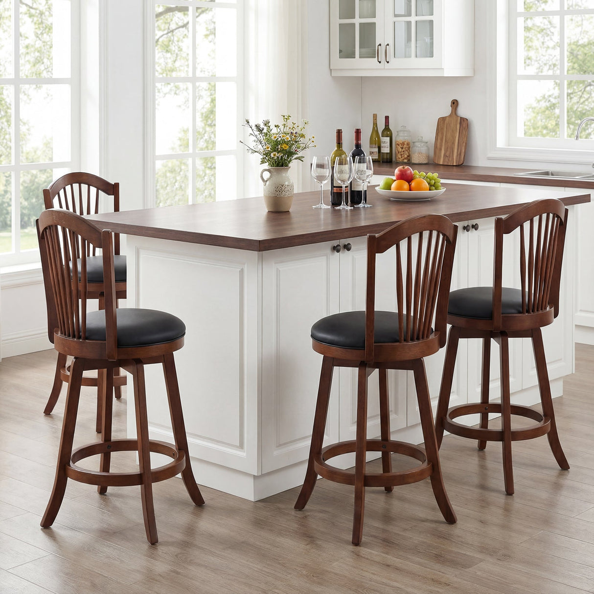 Taburetes de bar giratorios con respaldo y estructura de madera para isla de cocina