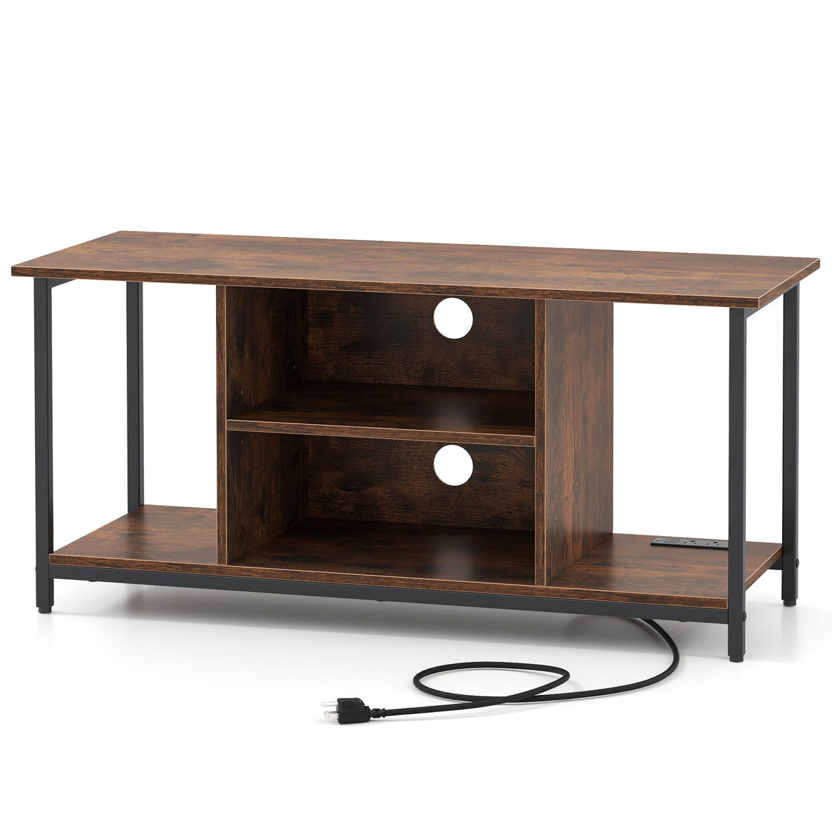 Mueble de TV con centro de entretenimiento, estantes abiertos y tomas de corriente para televisores de hasta 50 pulgadas - Marrón rústico